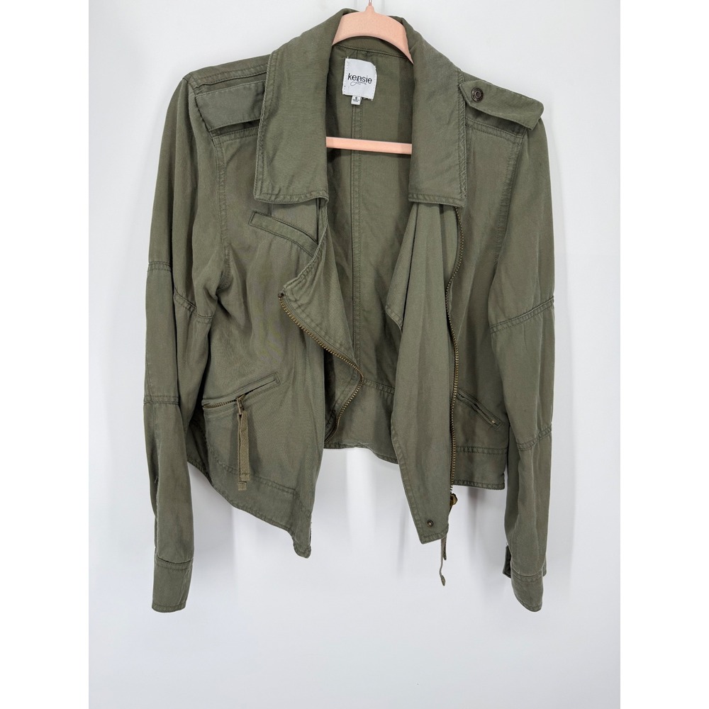 Kensie Jean Moto Jacket Women Small Olive Green Lyocell Asymmetrical Zip Utility